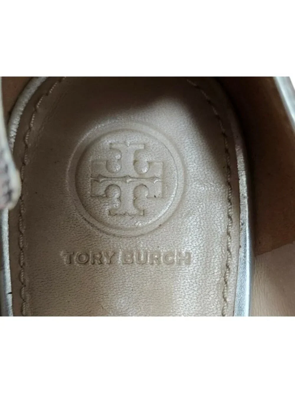Tory Burch Silver Metallic Leather Pointed Toe Logo Ballet Flats Women's 10.5M